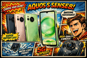 AQUOS sense8の背面カラー3種類と前面ディスプレイのデザイン構成