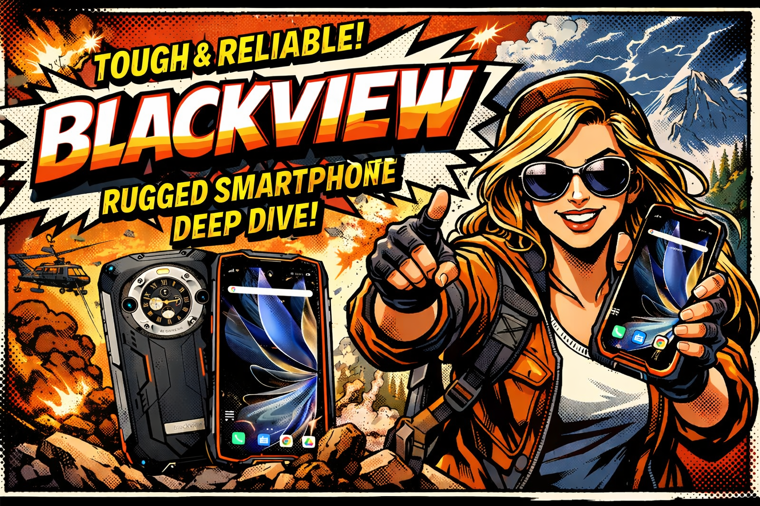 耐衝撃構造と防水防塵性能を備えたBlackviewラギッドスマートフォンを手に持つ女性が屋外で端末を紹介している様子