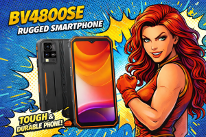 オレンジアクセントの耐衝撃ボディを持つBV4800SEの前面と背面が並んだラギッドスマートフォン本体と隣で力強いポーズを取る女性キャラクター