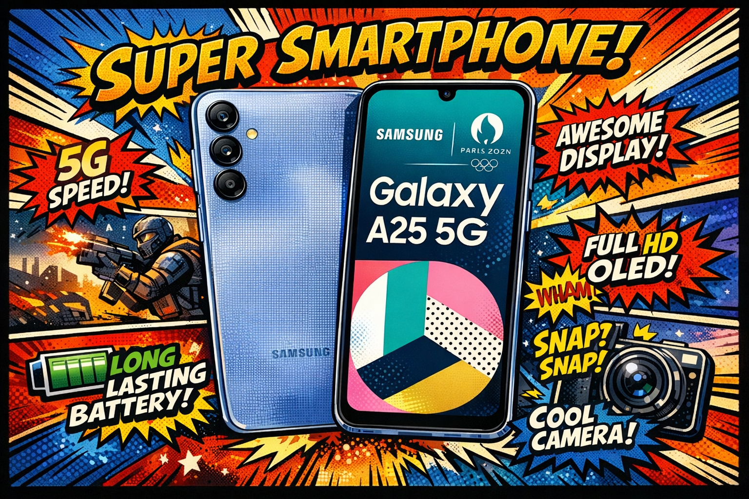 Galaxy A25 5Gの本体前面と背面を並べて表示したスマートフォン本体とトリプルカメラ構成の端末状態