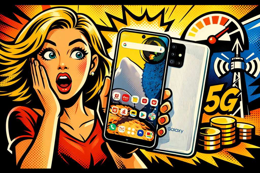 驚いた表情の女性がGalaxy A51 5Gを手に持ち通信速度の向上を示す演出とスマートフォン本体が強調された構図