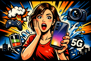 驚いた表情の女性がスマートフォンを手に持ち性能の特徴を示すアメコミ風デザイン