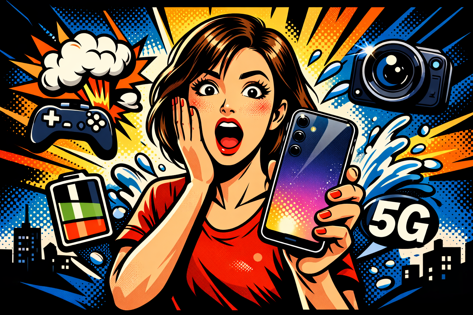 驚いた表情の女性がスマートフォンを手に持ち性能の特徴を示すアメコミ風デザイン