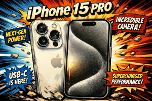 トリプルカメラを備えたiPhone15Proの背面とディスプレイ表示状態の前面が並ぶスマートフォン本体