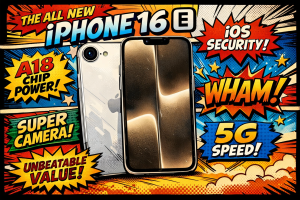 iPhone16eの前面ディスプレイと背面シングルカメラ構成が並んで表示された製品外観