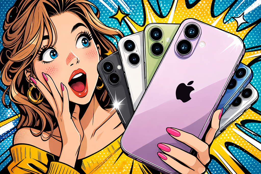 複数カラーの最新スマートフォンを手にして驚いた表情の女性が紹介している様子