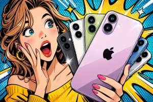 複数カラーの最新スマートフォンを手にして驚いた表情の女性が紹介している様子