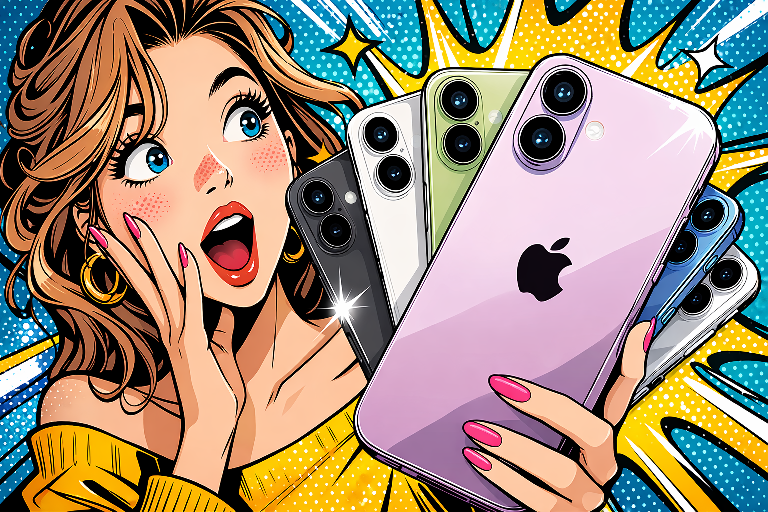 複数カラーの最新スマートフォンを手にして驚いた表情の女性が紹介している様子