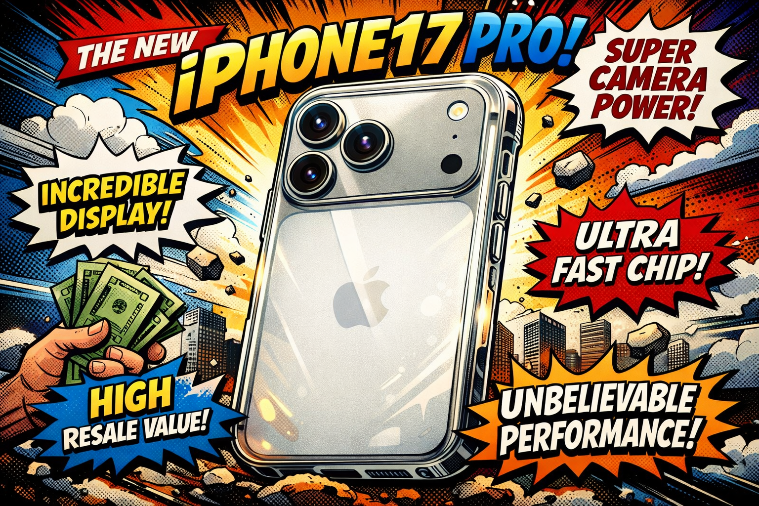 透明ケースを装着したトリプルカメラ搭載スマートフォン背面とAppleロゴが中央に配置された本体デザイン