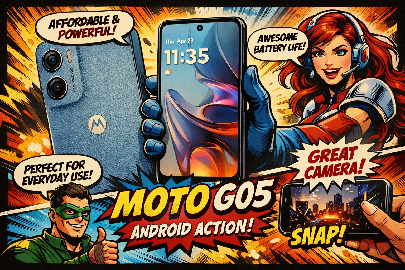 moto g05の背面デュアルカメラとパンチホールディスプレイを備えた端末の前面と背面の外観