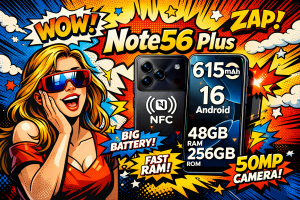 Note56 Plusスマートフォンの背面カメラとNFC表示、前面に大容量バッテリーやRAM容量が示された端末を見て驚く女性がいる構図