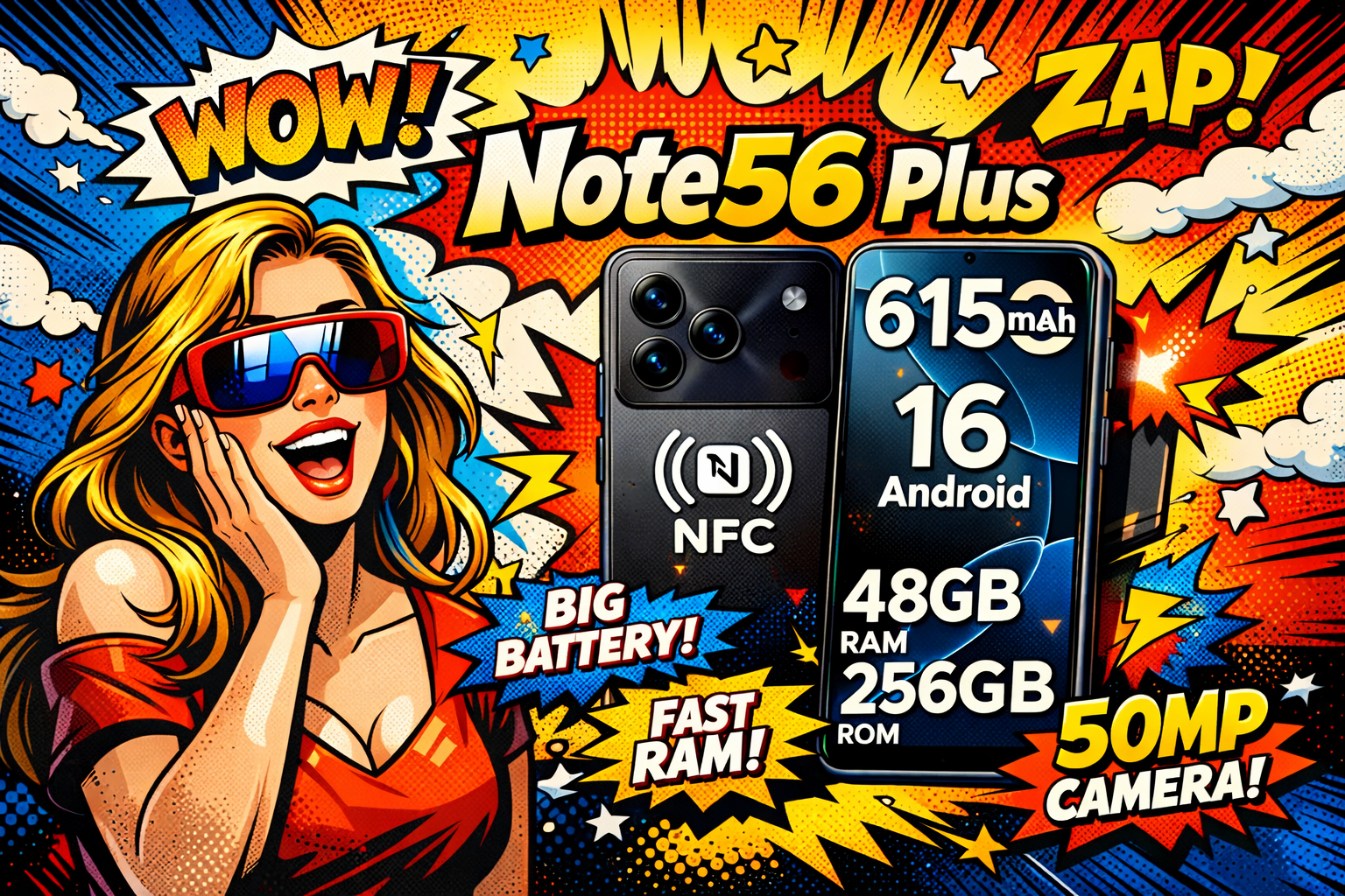 Note56 Plusスマートフォンの背面カメラとNFC表示、前面に大容量バッテリーやRAM容量が示された端末を見て驚く女性がいる構図