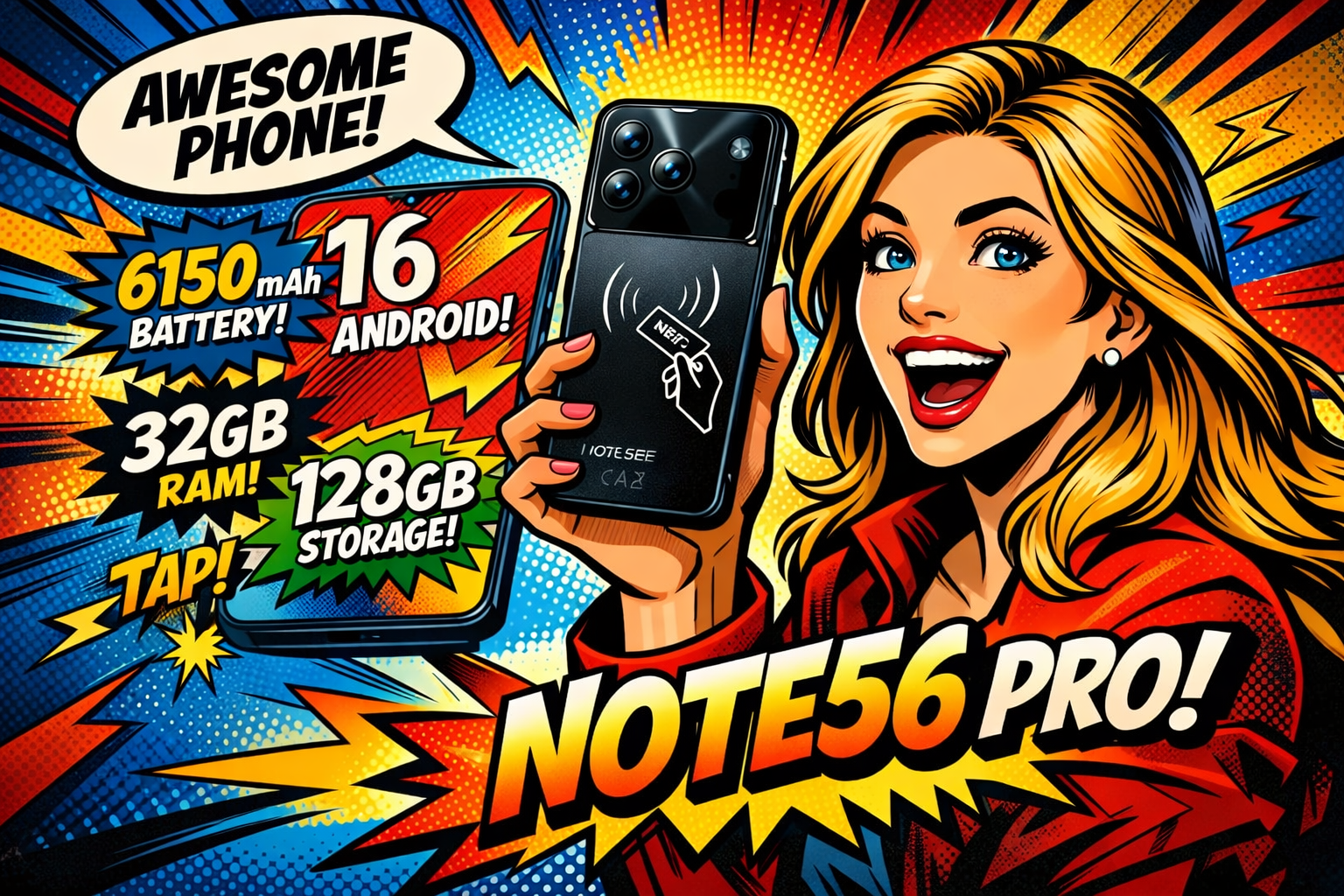 Note56 Proを手に持つ女性と6150mAhバッテリーやAndroid16など主要仕様が表示されたスマートフォン本体