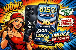 大容量バッテリー6150mAhとAndroid16を搭載したNote56Xを手に持つ女性が機能を紹介している様子