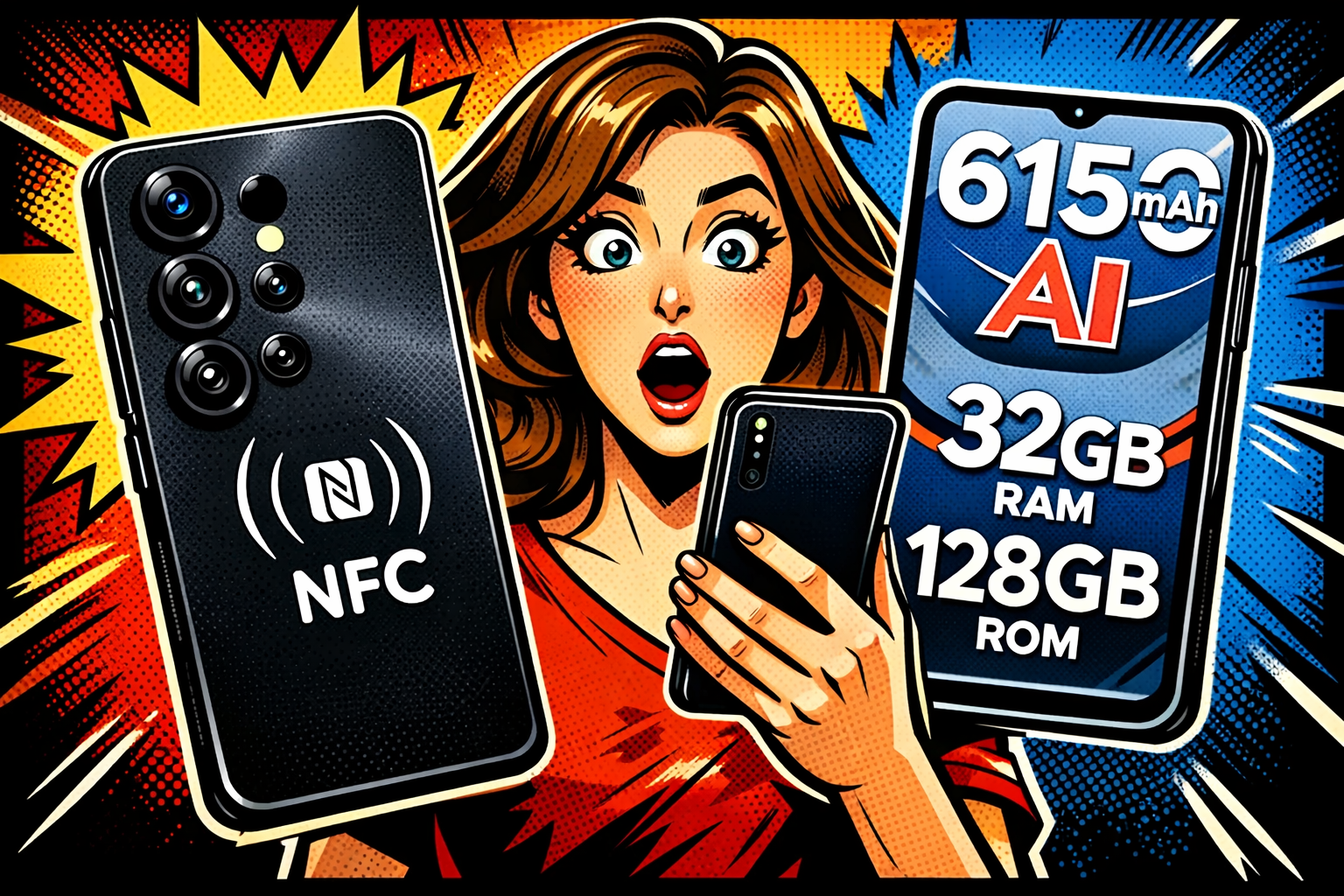 Note56X Proを手に持つ女性が驚いた表情でスマートフォン性能に注目している場面