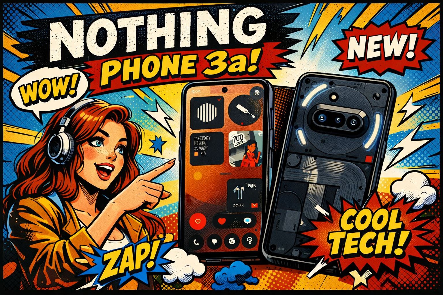 透明バックパネルと背面LED通知を備えたスマートフォンの前面と背面を並べて示す端末の外観