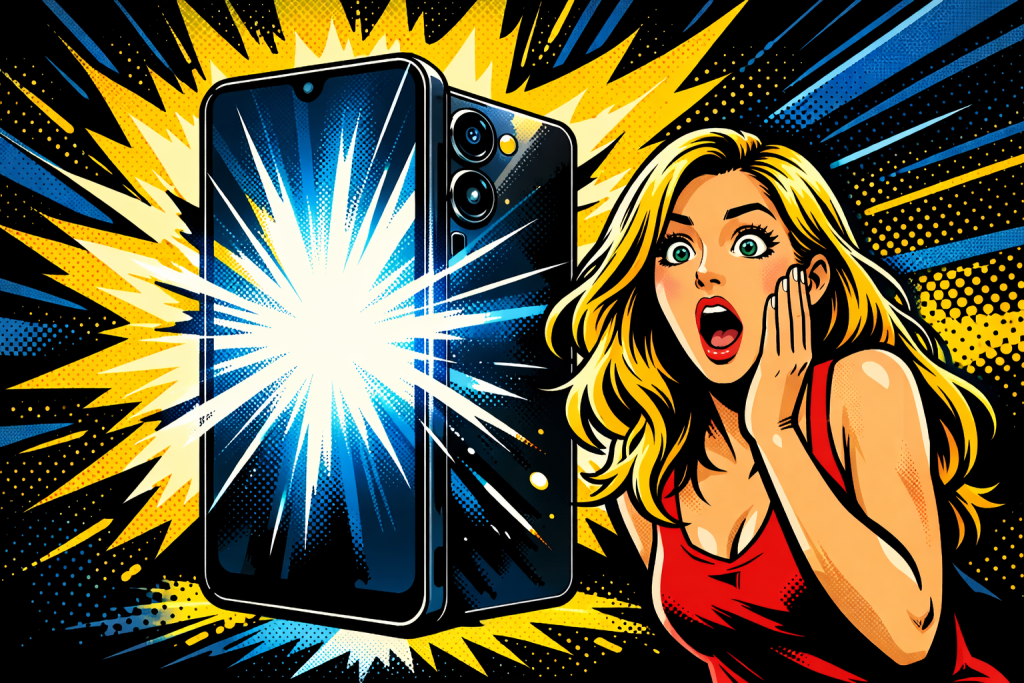 nubia S 5Gスマートフォンの背面カメラと画面が強調され横で女性が驚いている構図