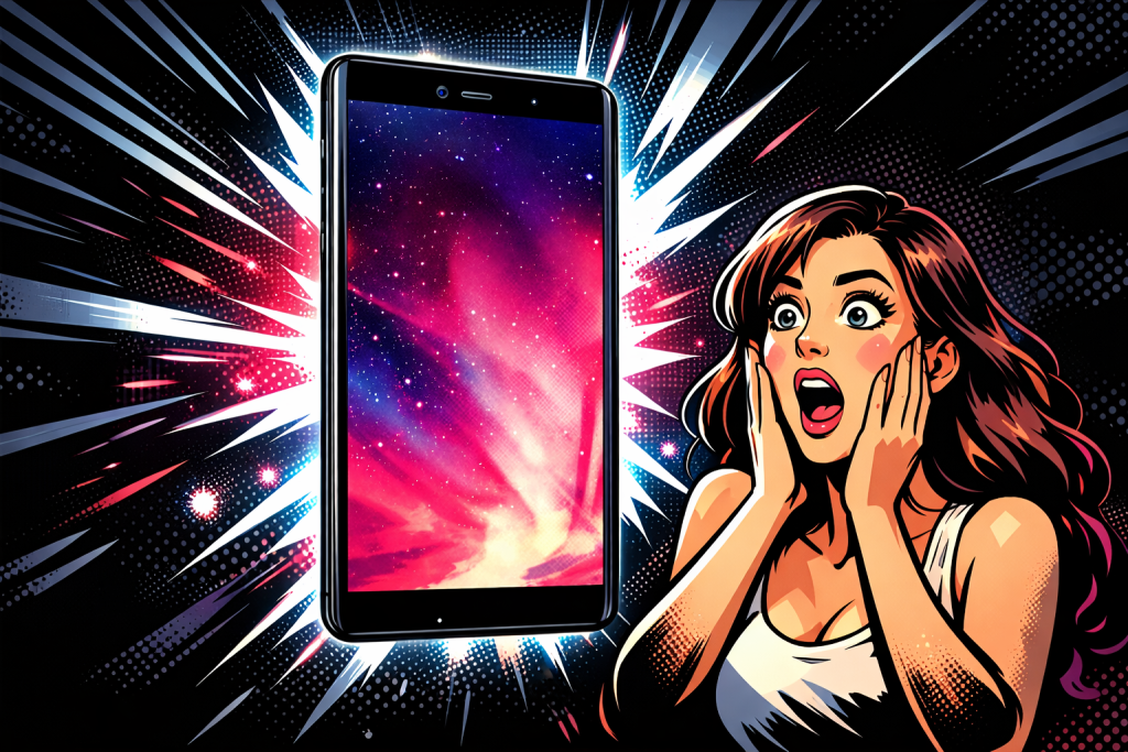 フルスクリーン表示のスマートフォンを見て驚く女性と発光するディスプレイが中央に浮かぶ構図
