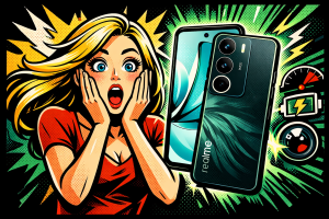 グリーンカラーの本体背面に縦配置トリプルカメラを搭載したスマートフォンを女性が驚いた表情で見つめる構図