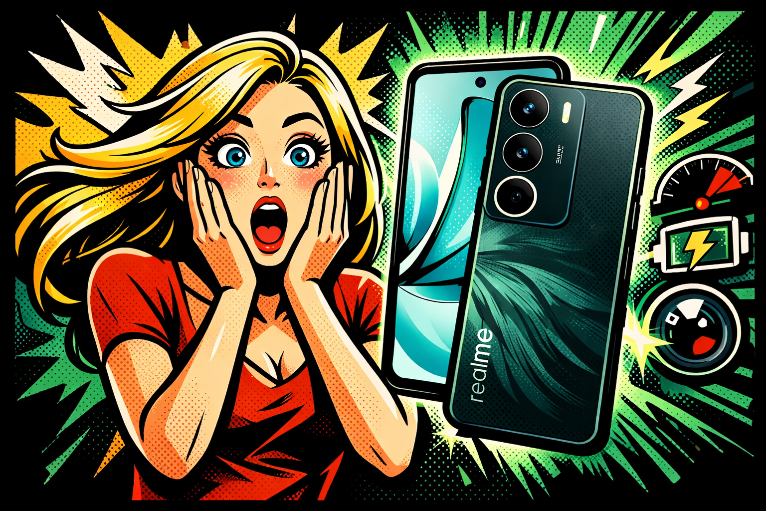 グリーンカラーの本体背面に縦配置トリプルカメラを搭載したスマートフォンを女性が驚いた表情で見つめる構図