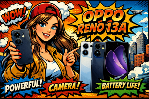 OPPO Reno13Aの背面とディスプレイを並べた複数カラーモデルの外観とデュアルカメラ構成を示す端末展示状態
