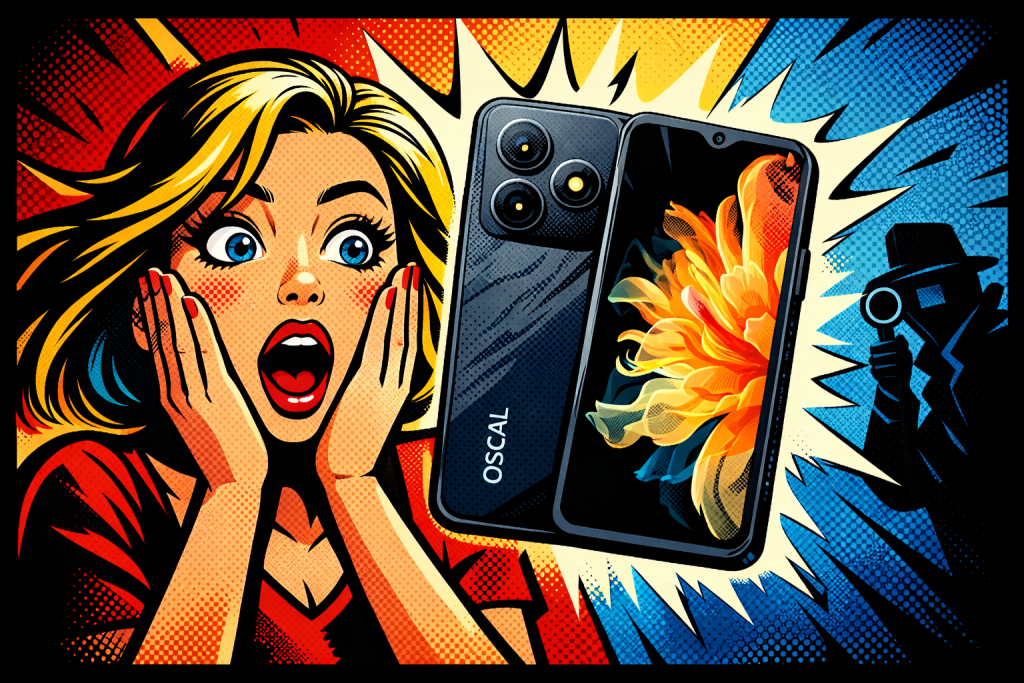 OSCAL Flat2スマートフォンを手に驚いた表情の女性と背面カメラ構成が強調された端末が中央に配置された構図