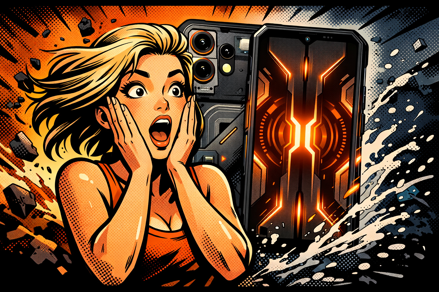 驚いた表情の女性の横で耐衝撃構造の堅牢スマートフォンが強い光を放つ耐久モデルの特徴を示す場面