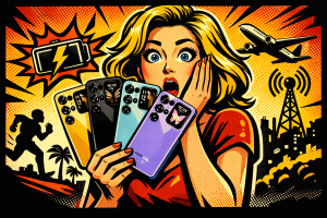 OUKITEL C68 PLUSを複数カラーで手に持つ女性が驚いた表情を見せるスマートフォン紹介シーン