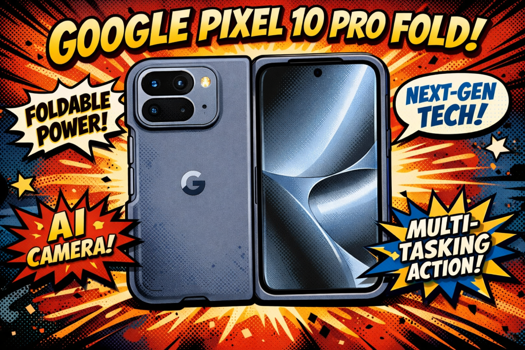 Google Pixel 10 Pro Foldの背面カメラとカバーディスプレイを並べた端末外観と折りたたみスマートフォン構造の表示