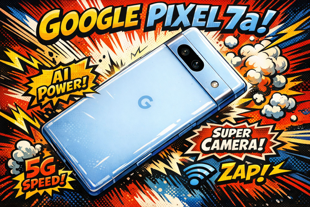 Google Pixel 7aの背面とデュアルカメラバーが机の上に置かれている状態