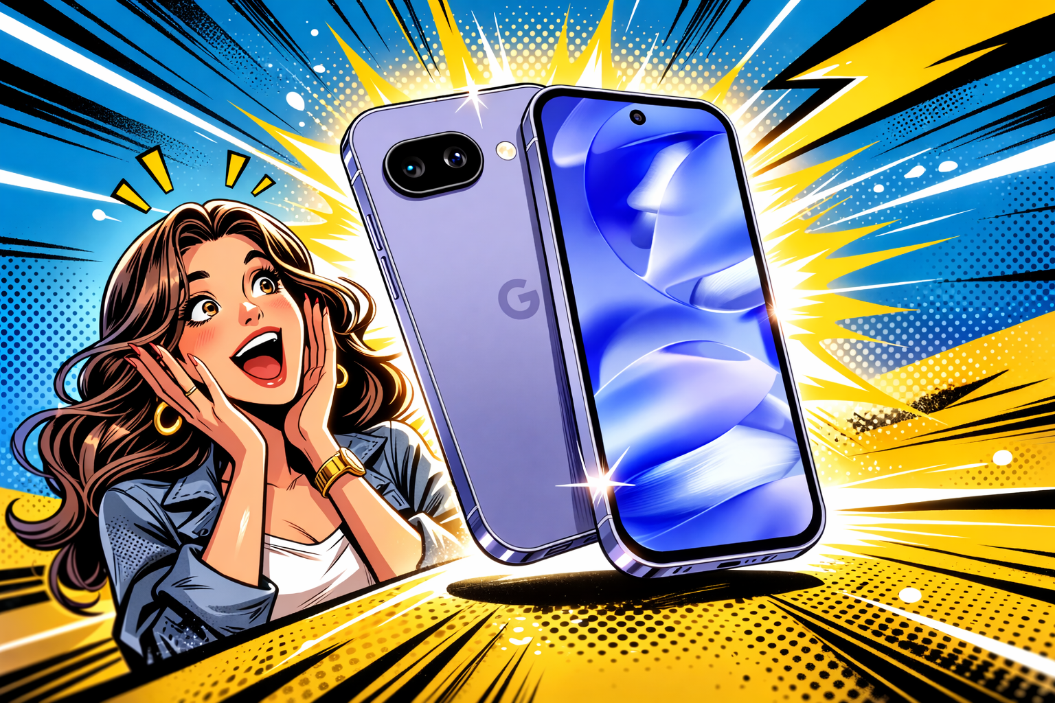 驚いた表情の女性の横にGoogle Pixel 9aが大きく表示され性能とカメラ機能を強調している構図