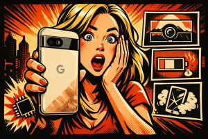 Google Pixel 8aを手にして驚いた表情を見せる女性と中央に強調されたスマートフォン本体が描かれている