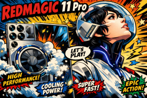 REDMAGIC 11 Proの背面と前面表示、発光リング冷却機構と近未来スーツの女性キャラクターが並ぶ構図