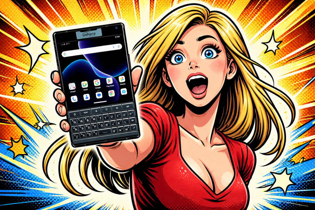 物理QWERTYキーボードを搭載したUnihertz Titan 2を女性が手に持ち驚いた表情で紹介している様子