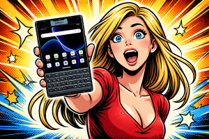 物理QWERTYキーボードを搭載したUnihertz Titan 2を女性が手に持ち驚いた表情で紹介している様子