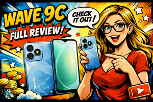 WAVE 9Cスマートフォンを手に持つ女性が端末を紹介している横長構図のビジュアル